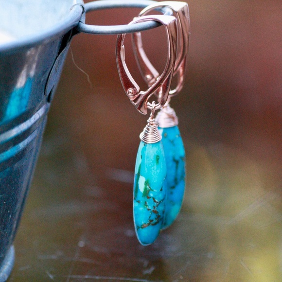 Natural Turquoise Earrings Handcrafted 14K Rose Gold Filled, December Birthstone - Picture 4 of 5